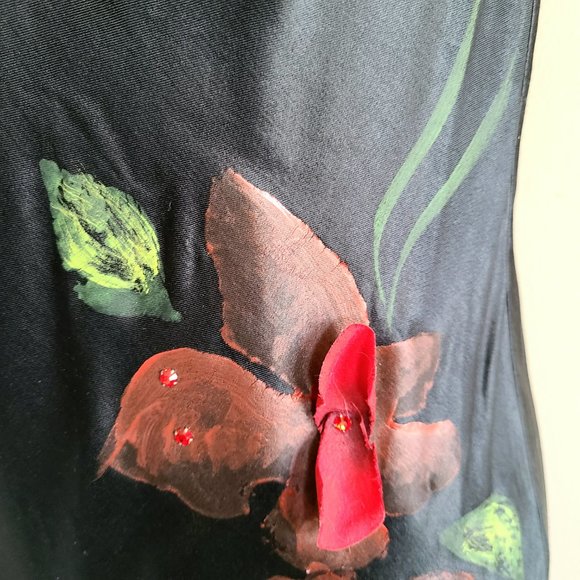 Black silky dress with painted red flowers. - Picture 6 of 11
